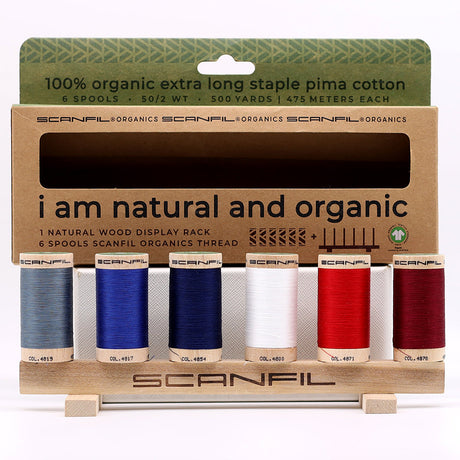 SCANFIL® 50wt Organic Pima Cotton Thread Set - 6ct 500yd Spools & Wood Rack - Patriotic