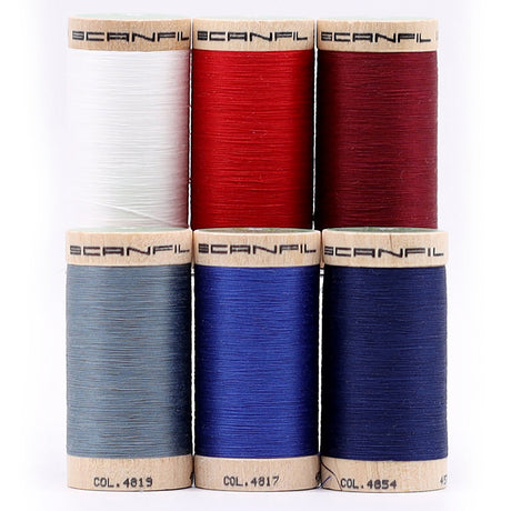 SCANFIL® 50wt Organic Pima Cotton Thread Set - 6ct 500yd Spools & Wood Rack - Patriotic