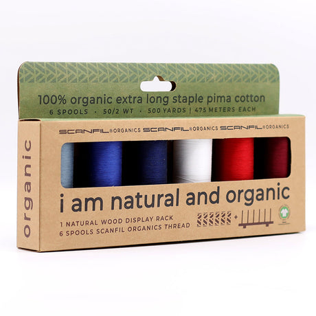 SCANFIL® 50wt Organic Pima Cotton Thread Set - 6ct 500yd Spools & Wood Rack - Patriotic