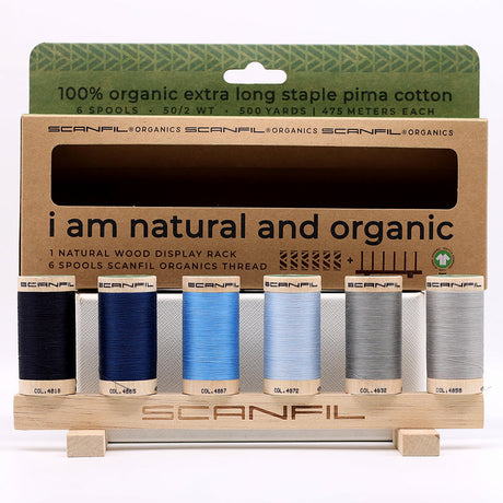 SCANFIL® 50wt Organic Pima Cotton Thread Set - 6ct 500yd Spools & Wood Rack - Frosty Winter
