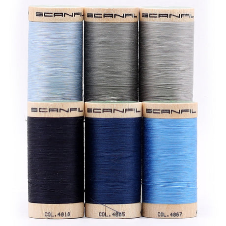 SCANFIL® 50wt Organic Pima Cotton Thread Set - 6ct 500yd Spools & Wood Rack - Frosty Winter