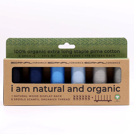 SCANFIL® 50wt Organic Pima Cotton Thread Set - 6ct 500yd Spools & Wood Rack - Frosty Winter
