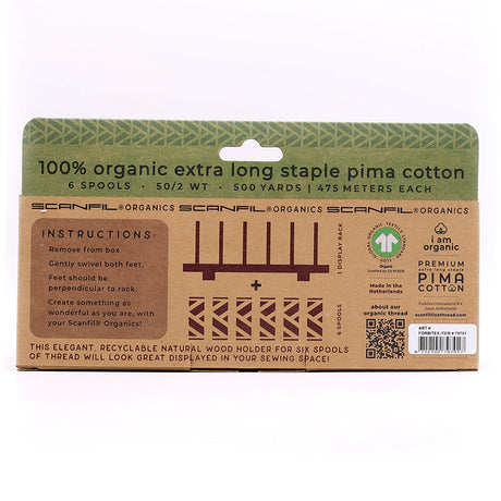 SCANFIL® 50wt Organic Pima Cotton Thread Set - 6ct 500yd Spools & Wood Rack - Holiday Traditions