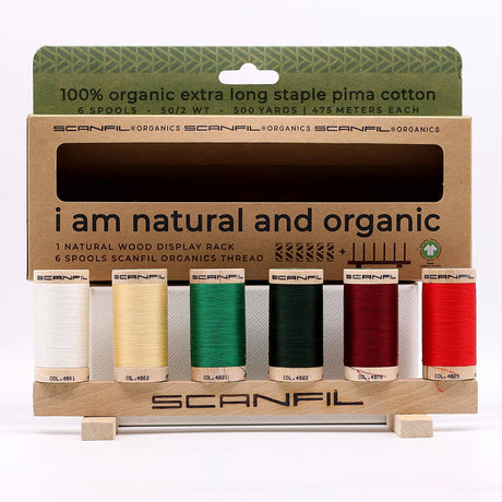 SCANFIL® 50wt Organic Pima Cotton Thread Set - 6ct 500yd Spools & Wood Rack - Holiday Traditions