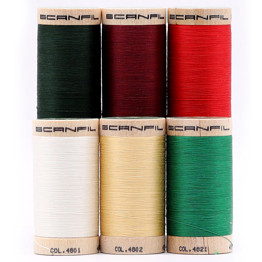 SCANFIL® 50wt Organic Pima Cotton Thread Set - 6ct 500yd Spools & Wood Rack - Holiday Traditions
