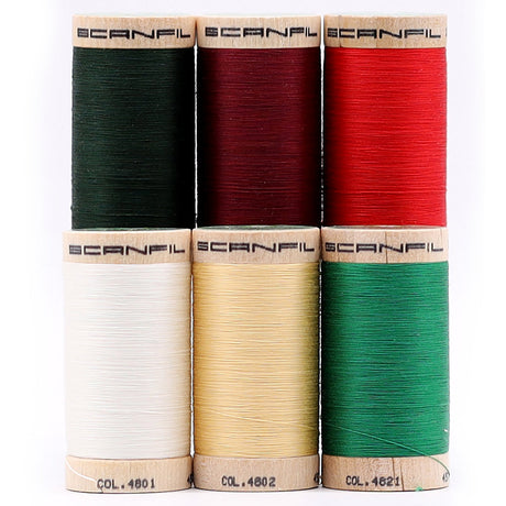 SCANFIL® 50wt Organic Pima Cotton Thread Set - 6ct 500yd Spools & Wood Rack - Holiday Traditions
