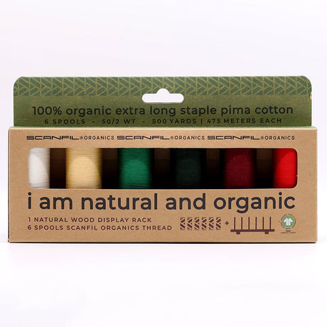 SCANFIL® 50wt Organic Pima Cotton Thread Set - 6ct 500yd Spools & Wood Rack - Holiday Traditions