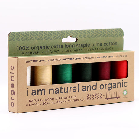 SCANFIL® 50wt Organic Pima Cotton Thread Set - 6ct 500yd Spools & Wood Rack - Holiday Traditions
