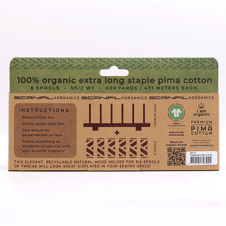 SCANFIL® 50wt Organic Pima Cotton Thread Set - 6ct 500yd Spools & Wood Rack - Trendy Holiday