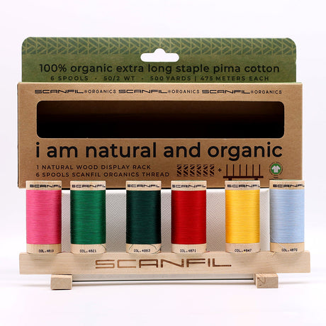 SCANFIL® 50wt Organic Pima Cotton Thread Set - 6ct 500yd Spools & Wood Rack - Trendy Holiday