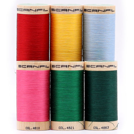 SCANFIL® 50wt Organic Pima Cotton Thread Set - 6ct 500yd Spools & Wood Rack - Trendy Holiday