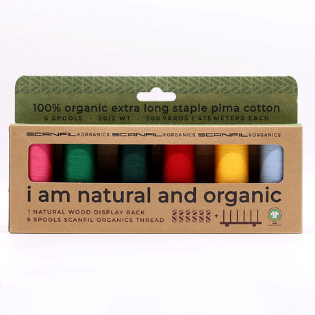 SCANFIL® 50wt Organic Pima Cotton Thread Set - 6ct 500yd Spools & Wood Rack - Trendy Holiday