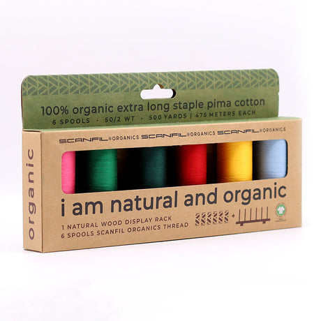SCANFIL® 50wt Organic Pima Cotton Thread Set - 6ct 500yd Spools & Wood Rack - Trendy Holiday