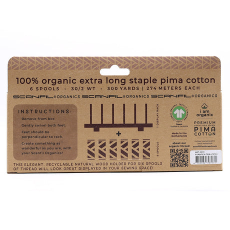 SCANFIL® 30wt Organic Pima Cotton Thread Set - 6ct 300yd Spools & Wood Rack - Pastels