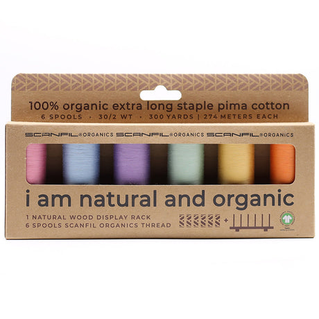SCANFIL® 30wt Organic Pima Cotton Thread Set - 6ct 300yd Spools & Wood Rack - Pastels