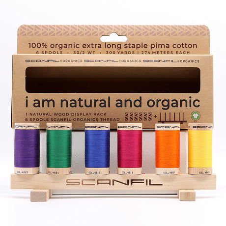 SCANFIL® 30wt Organic Pima Cotton Thread Set - 6ct 300yd Spools & Wood Rack - Jewel Tones