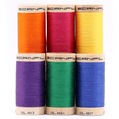 SCANFIL® 30wt Organic Pima Cotton Thread Set - 6ct 300yd Spools & Wood Rack - Jewel Tones