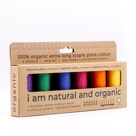 SCANFIL® 30wt Organic Pima Cotton Thread Set - 6ct 300yd Spools & Wood Rack - Jewel Tones