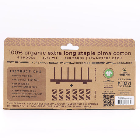 SCANFIL® 30wt Organic Pima Cotton Thread Set - 6ct 300yd Spools & Wood Rack - Fashion Mix