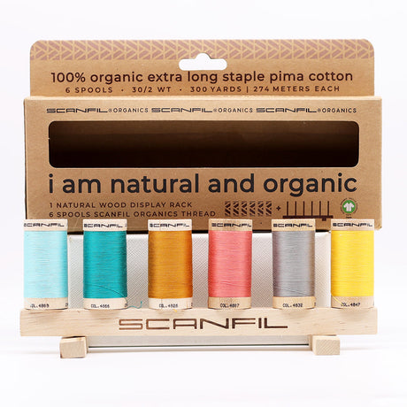 SCANFIL® 30wt Organic Pima Cotton Thread Set - 6ct 300yd Spools & Wood Rack - Fashion Mix