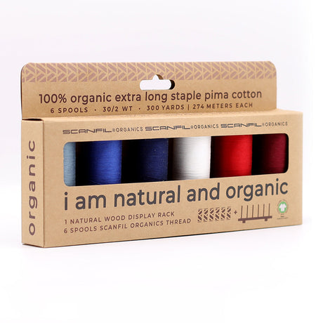 SCANFIL® 30wt Organic Pima Cotton Thread Set - 6ct 300yd Spools & Wood Rack - Patriotic