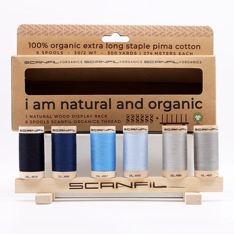 SCANFIL® 30wt Organic Pima Cotton Thread Set - 6ct 300yd Spools & Wood Rack - Frosty Winter