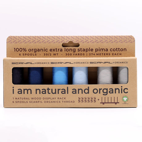SCANFIL® 30wt Organic Pima Cotton Thread Set - 6ct 300yd Spools & Wood Rack - Frosty Winter
