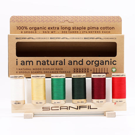 SCANFIL® 30wt Organic Pima Cotton Thread Set - 6ct 300yd Spools & Wood Rack - Holiday Traditions