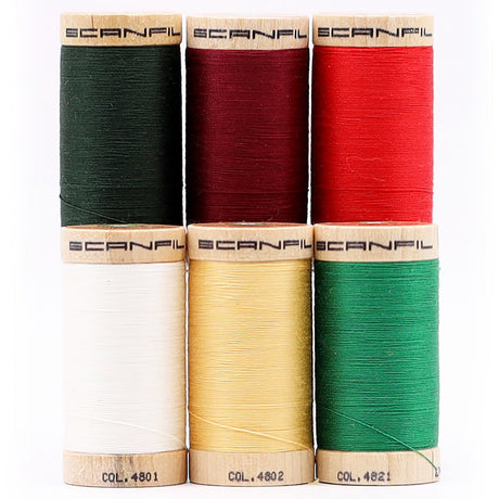SCANFIL® 30wt Organic Pima Cotton Thread Set - 6ct 300yd Spools & Wood Rack - Holiday Traditions