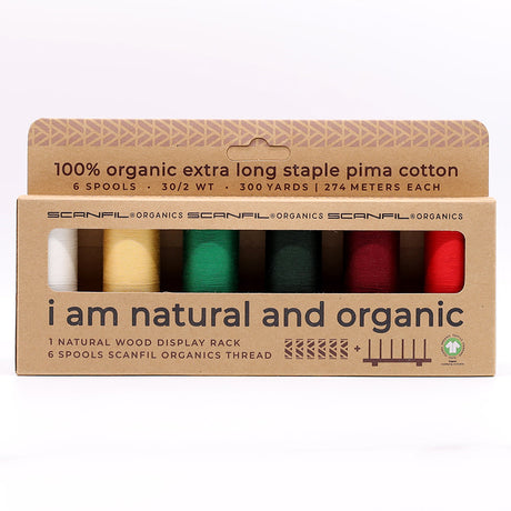 SCANFIL® 30wt Organic Pima Cotton Thread Set - 6ct 300yd Spools & Wood Rack - Holiday Traditions