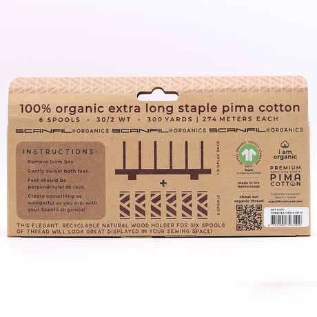 SCANFIL® 30wt Organic Pima Cotton Thread Set - 6ct 300yd Spools & Wood Rack - Trendy Holiday