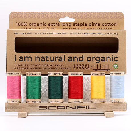 SCANFIL® 30wt Organic Pima Cotton Thread Set - 6ct 300yd Spools & Wood Rack - Trendy Holiday
