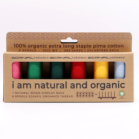 SCANFIL® 30wt Organic Pima Cotton Thread Set - 6ct 300yd Spools & Wood Rack - Trendy Holiday