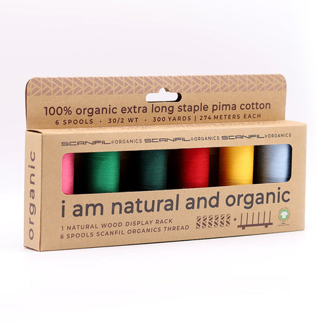 SCANFIL® 30wt Organic Pima Cotton Thread Set - 6ct 300yd Spools & Wood Rack - Trendy Holiday