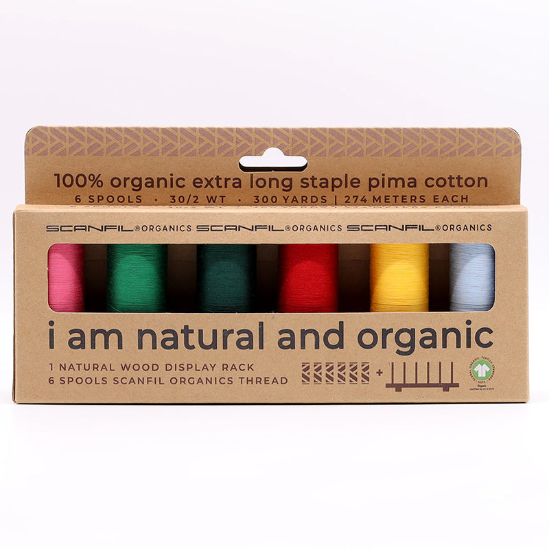 SCANFIL® 30wt Organic Pima Cotton Thread Set - 6ct 300yd Spools & Wood Rack - Trendy Holiday