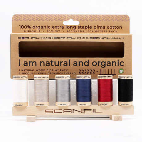 SCANFIL® 30wt Organic Pima Cotton Thread Set - 6ct 300yd Spools & Wood Rack - Neutrals