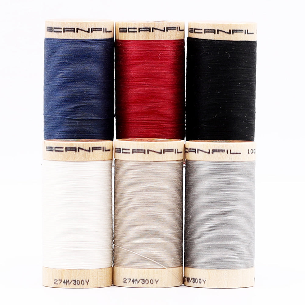 SCANFIL® 30wt Organic Pima Cotton Thread Set - 6ct 300yd Spools & Wood Rack - Neutrals