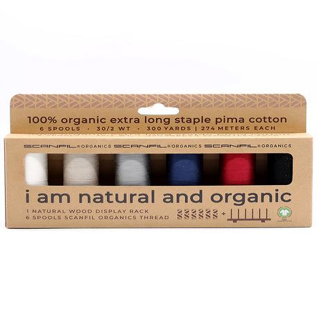 SCANFIL® 30wt Organic Pima Cotton Thread Set - 6ct 300yd Spools & Wood Rack - Neutrals