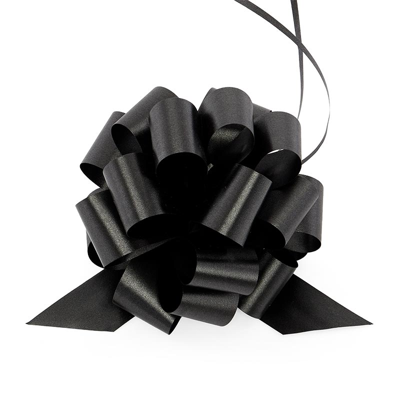 5" Large Poly Pull Bows – Black Embossed, 1 1/4" Width, 5" Diameter (50 Pieces per Roll)