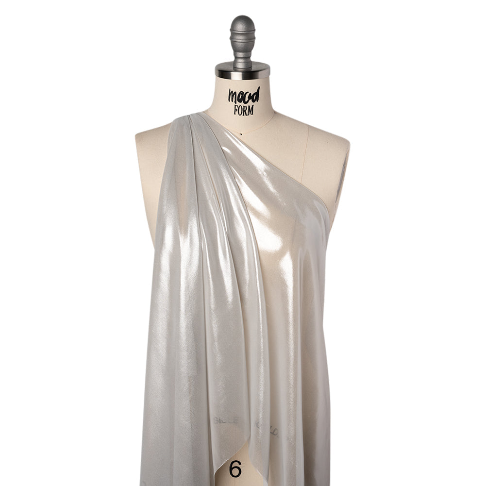 Liquid Sheen Metallic Polyester Chiffon - Silver on White - Liquid Sheen Chiffon Collection