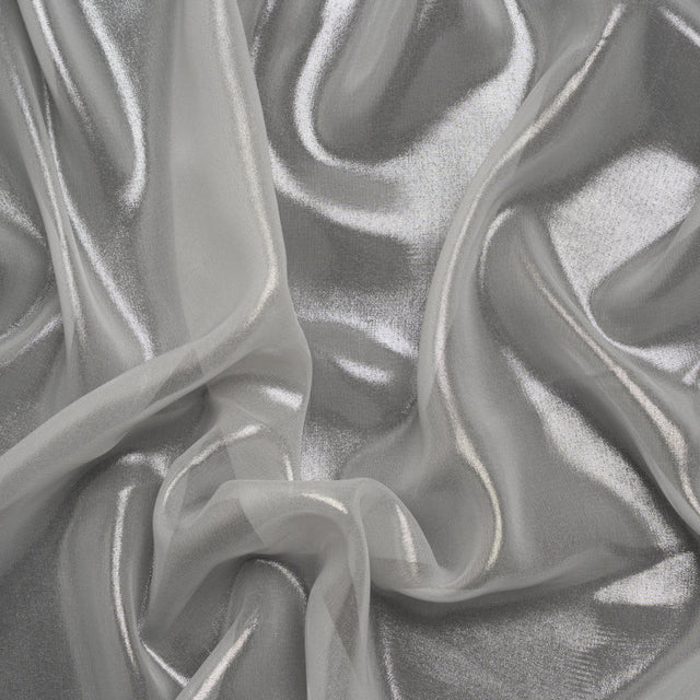 Liquid Sheen Metallic Polyester Chiffon - Silver on White - Liquid Sheen Chiffon Collection