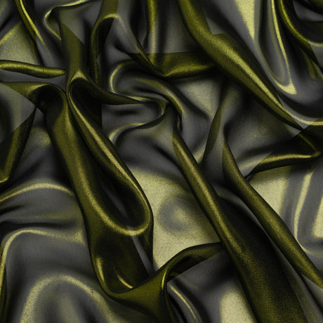 Liquid Sheen Metallic Polyester Chiffon - Olive on Black - Liquid Sheen Chiffon Collection