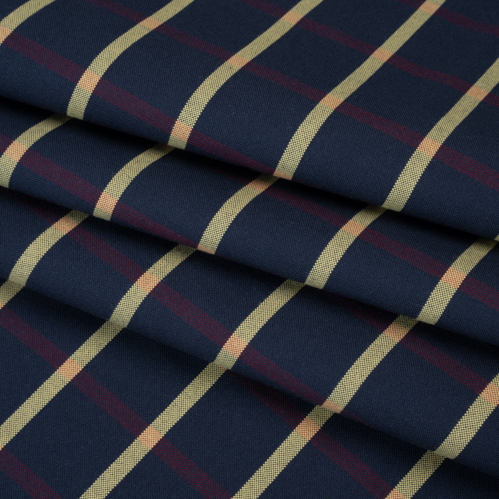 Cotton Oxford Shirting - Navy Blue, Red and Banana Yellow Windowpane Checks - Deadstock
