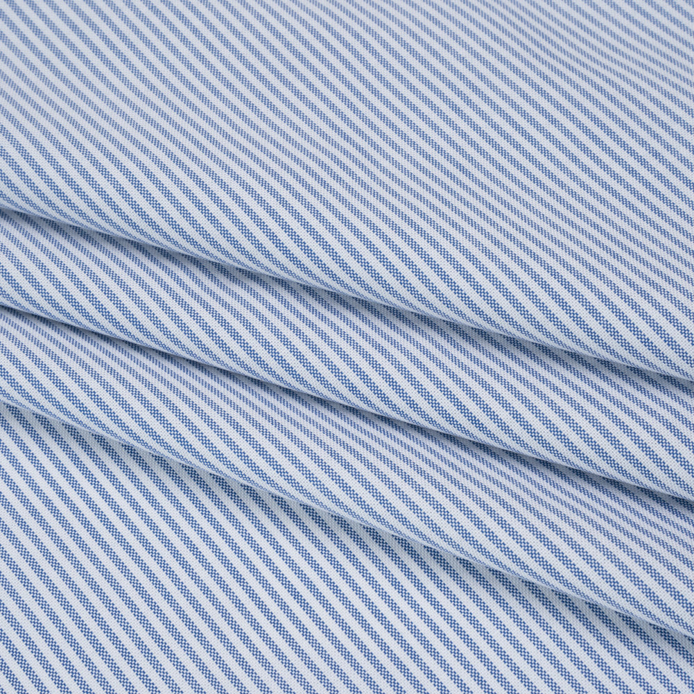 Cotton Oxford Shirting - Bluesteel and White Candy Stripes - Designer Deadstock