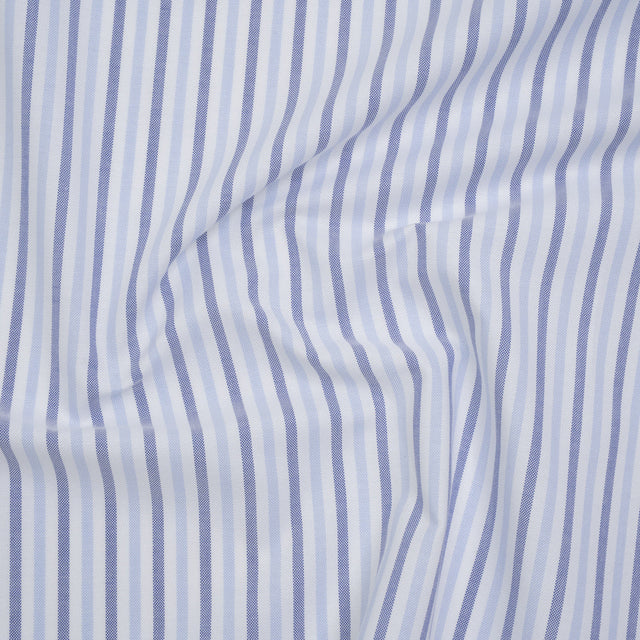 Cotton Oxford Shirting - Sky Blue, Cobalt and White Alternating Stripes - Designer Deadstock