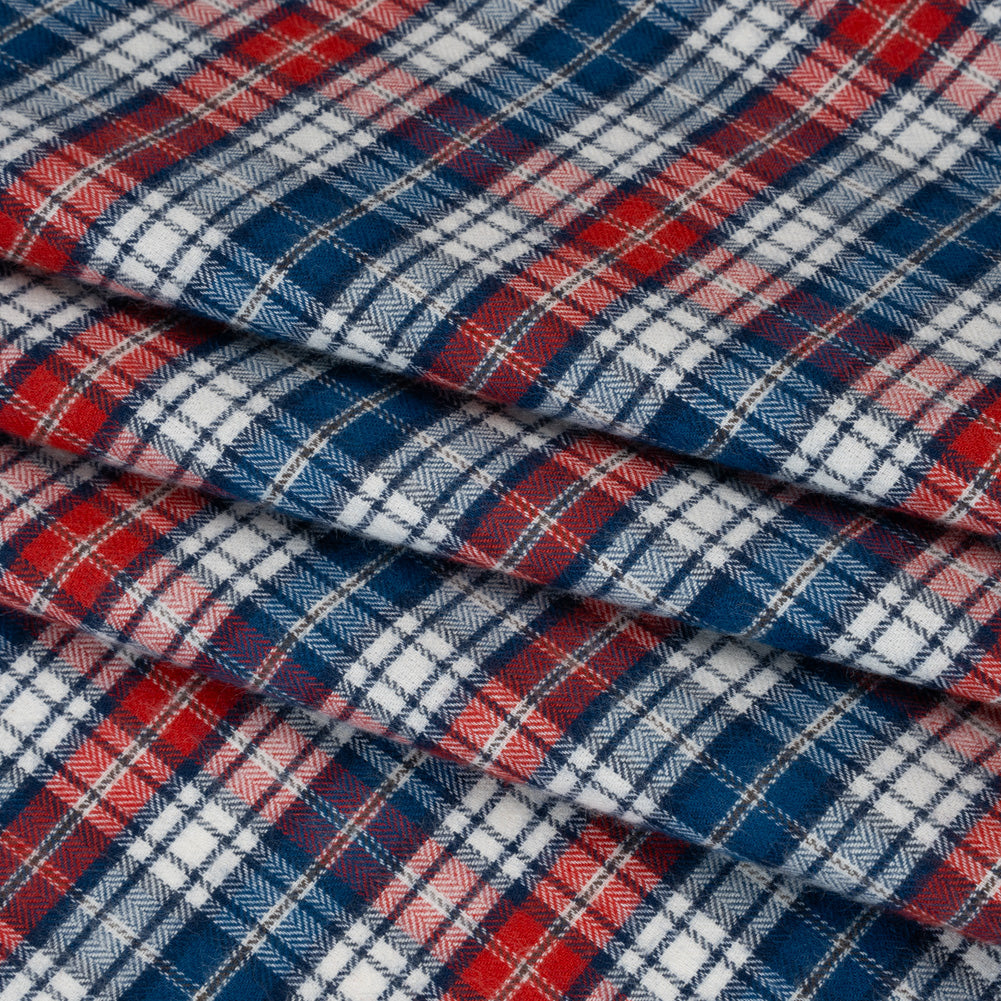 Lightweight Brushed Cotton Herringbone Twill Shirting - Red, Sea Blue and White Plaid - Deadstock