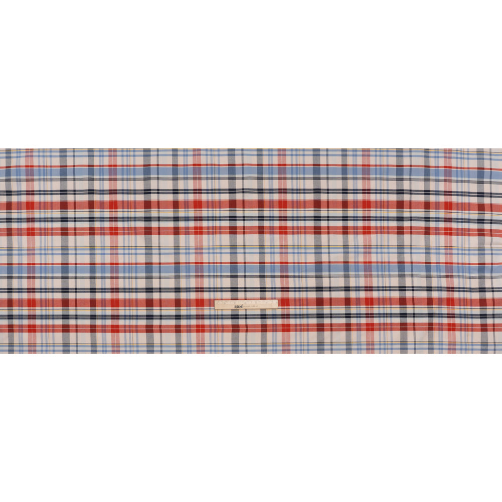 Cotton Oxford Shirting - Cream, Red and Blue Plaid - Deadstock