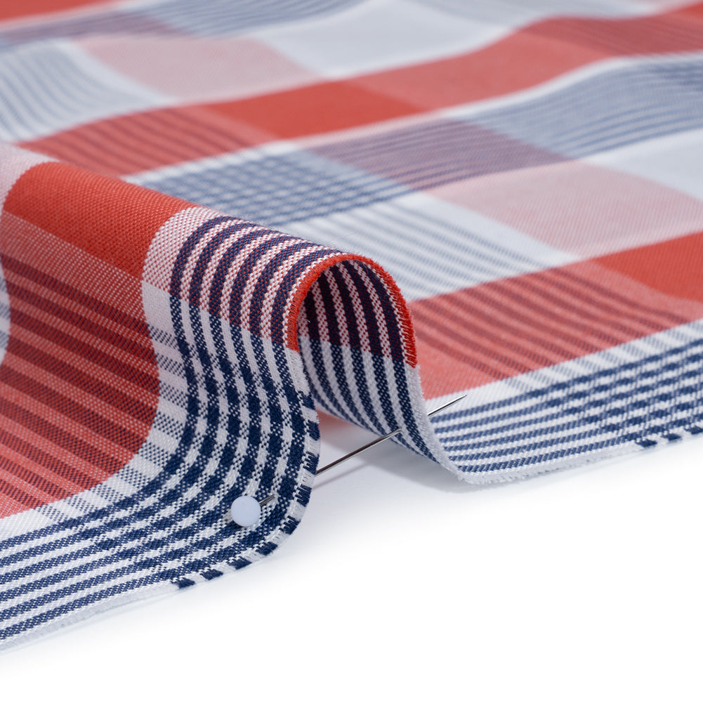 Cotton Oxford Shirting - Sky Blue, Navy and Light Red Plaid - Deadstock