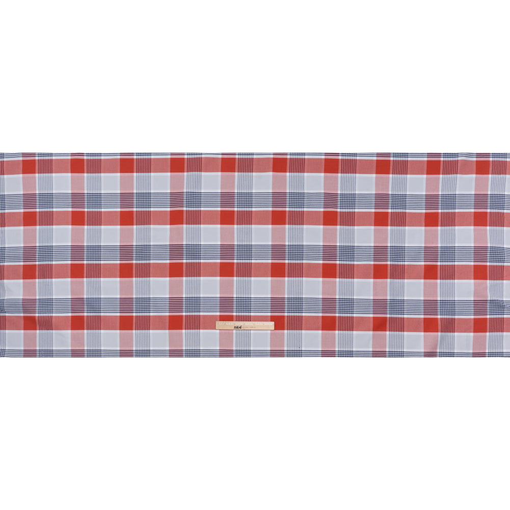 Cotton Oxford Shirting - Sky Blue, Navy and Light Red Plaid - Deadstock