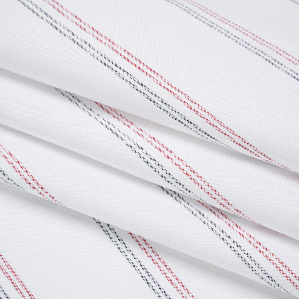 Cotton Oxford Shirting - White, Red and Navy Blue Paired Stripes - Deadstock